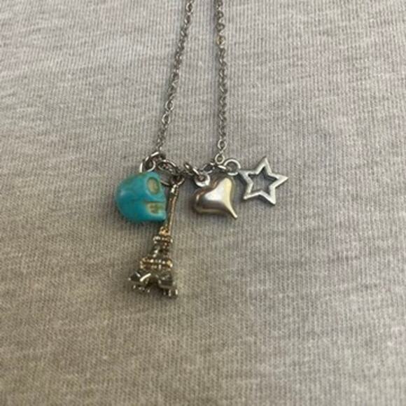 Paris Catacombs Eiffel Tower Souvenir Necklace Charms Turquoise Skull - Picture 2 of 4